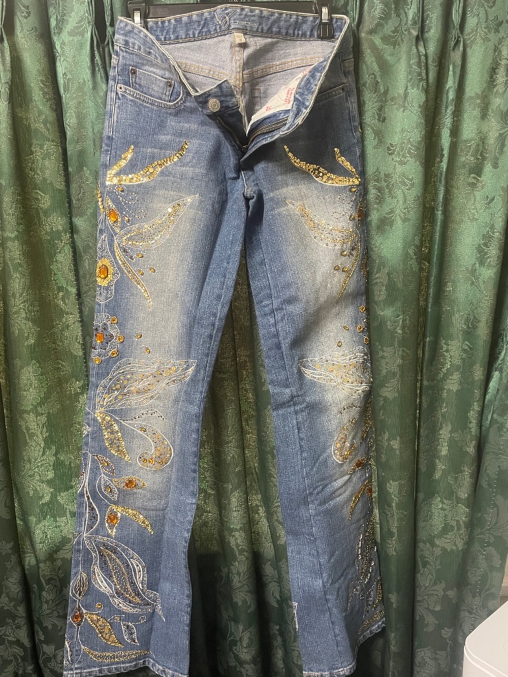 Bebe Embellished Vintage Women’s Blue Jeans with Gold Sequin and Rhinestone